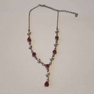 Red Rose Necklace on Silver Tone Chain w/ Red Rhinestone Crystals